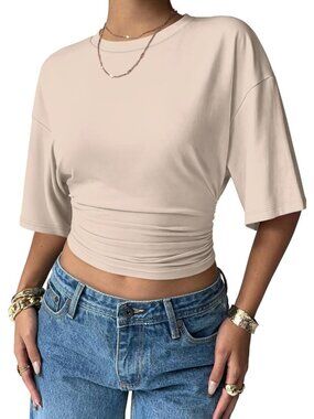 Women's Khaki Trendy Batwing Short Sleeve Ruched Waist Slim Fitted T Shirt